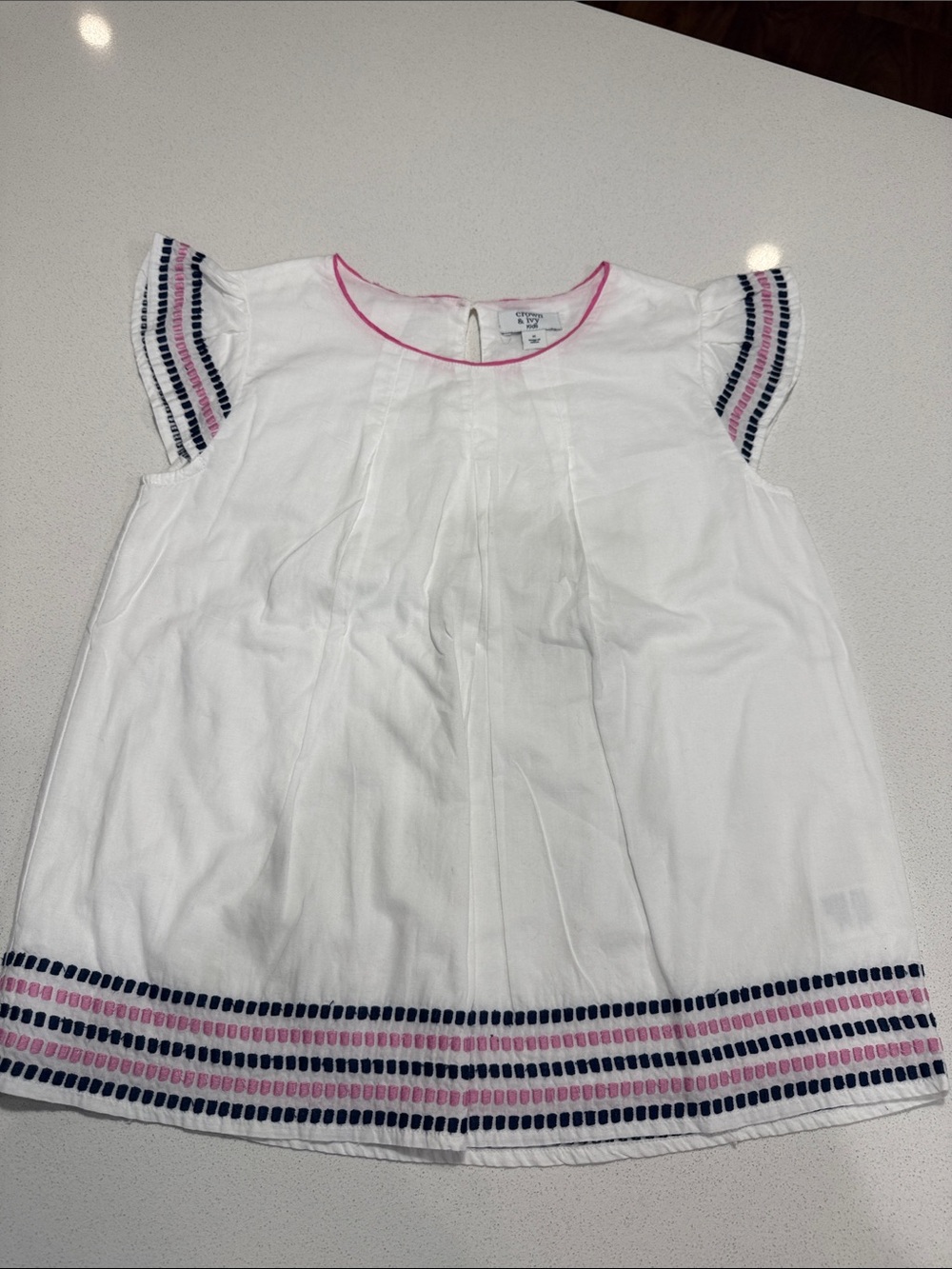 crown & ivy White Short Sleeve Embroidered Trim Top with Pink and Navy Accents